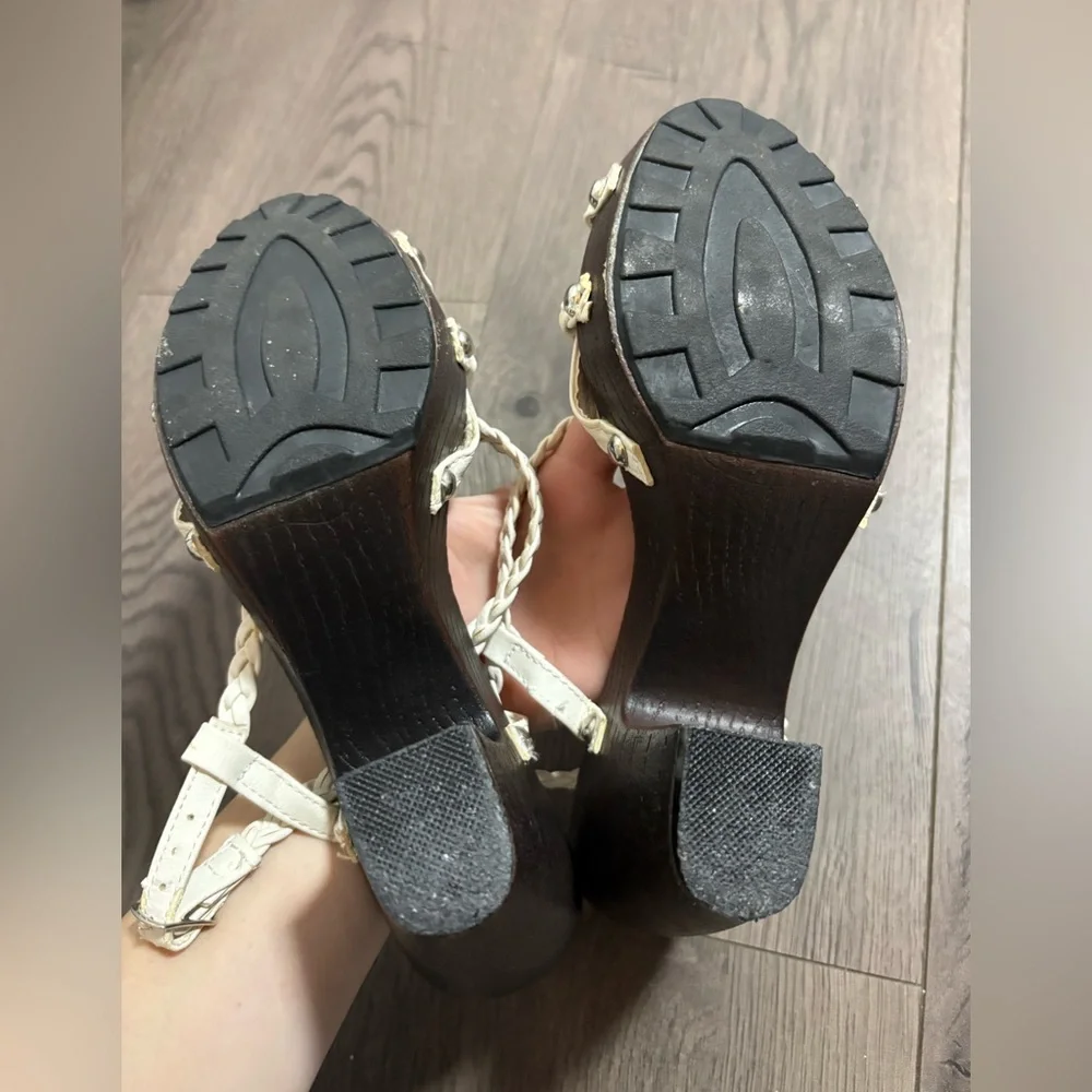 White Braided Strapped Faux‎ Wood Block Heel Studded Sandals Italian Classic